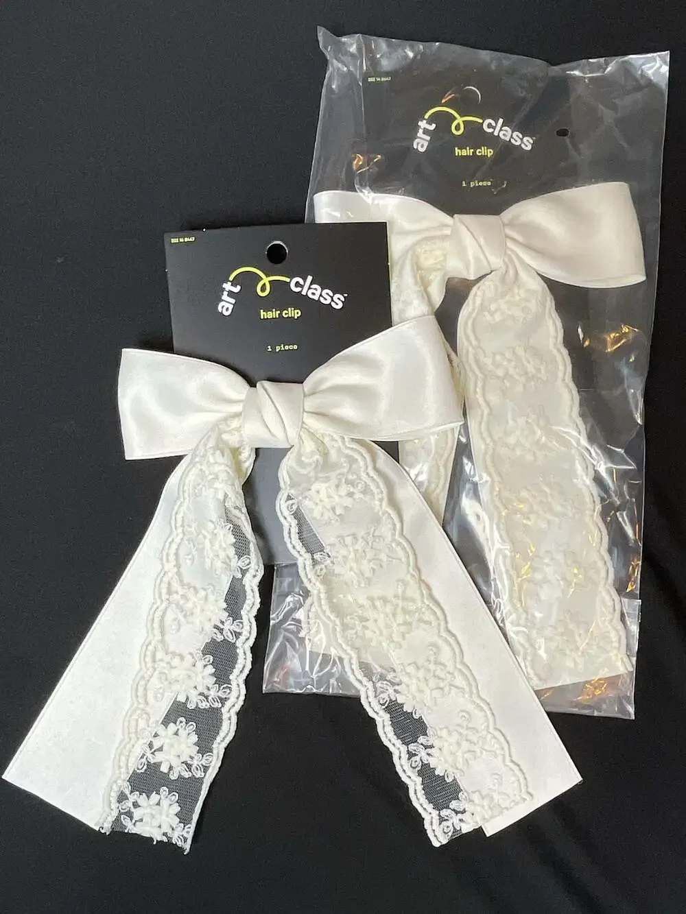 2 Art Class Satin and Lace Hair Bow Clip Ivory